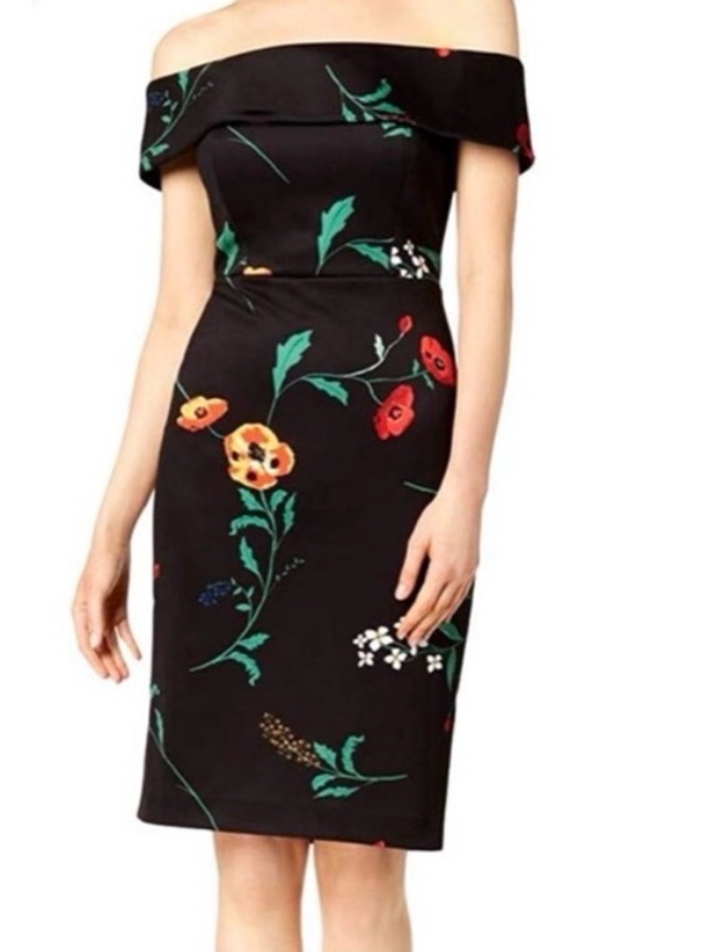 Calvin Klein Black Off-The-Shoulder Dress with Red and Yellow Floral Print